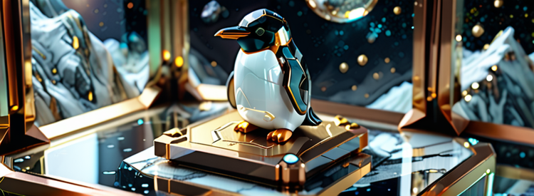 A small metallic penguin sitting on a gold platform, in a gold box, in space.
